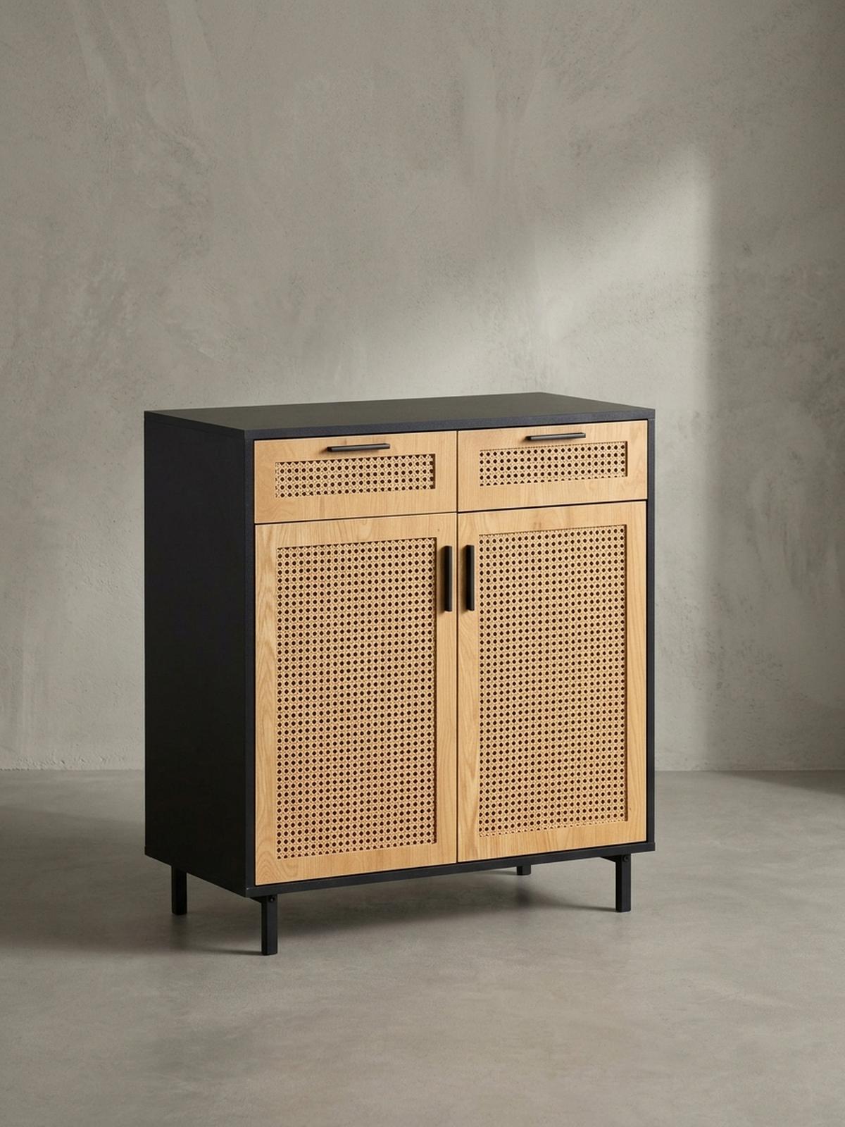 SIDEBOARD – Schwarz, 80x86,5x40 cm, mit Wiener Geflecht, 2 Türen, Schubladen, hoch - Schwarz, Holzwerkstoff/Metall (80/87/40cm) - KADIMA DESIGN