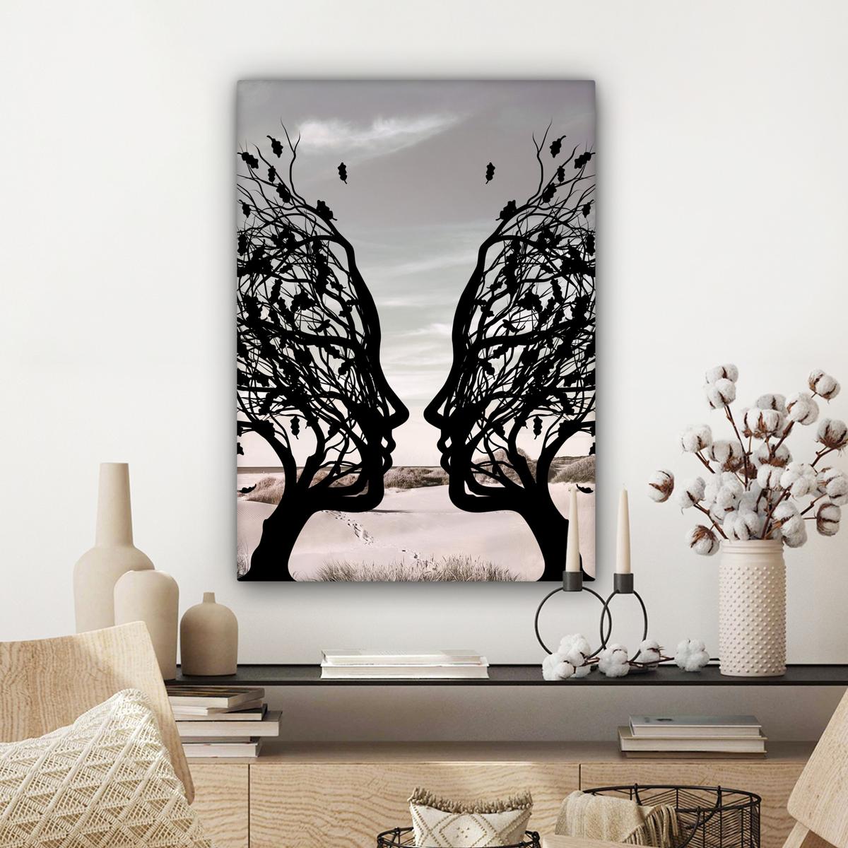 LEINWANDBILD Strand - Meer - Menschen - Baum - Moderne Kunst Wandbild Wohnzimmer 60x80 cm - Hellgrau, Textil (60/80cm) - MuchoWow