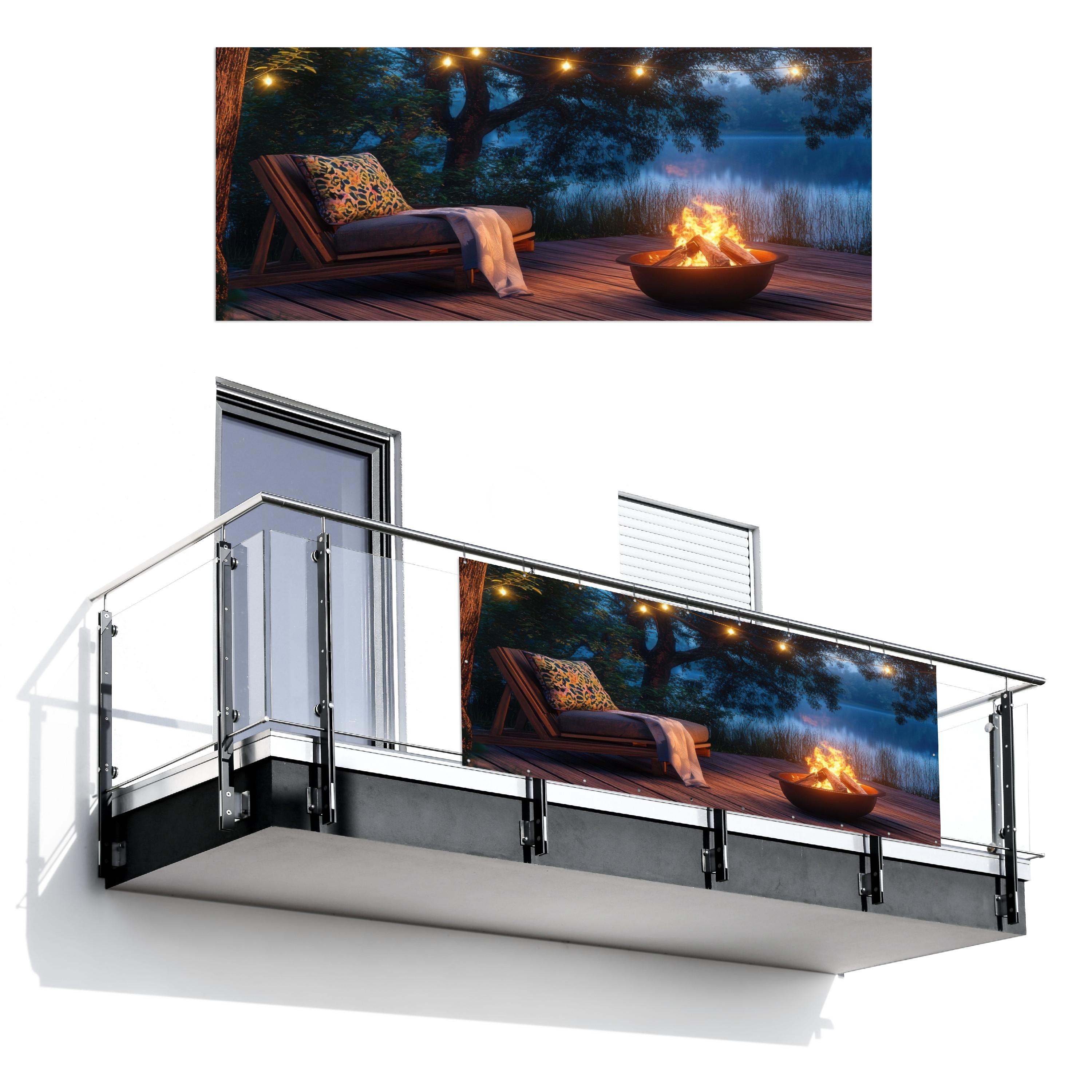 BALKON-SICHTSCHUTZ Lagerfeuer - See - Abendlicht Balkon Deko 300x120 cm - Dunkelblau, Kunststoff (300/120cm) - MuchoWow
