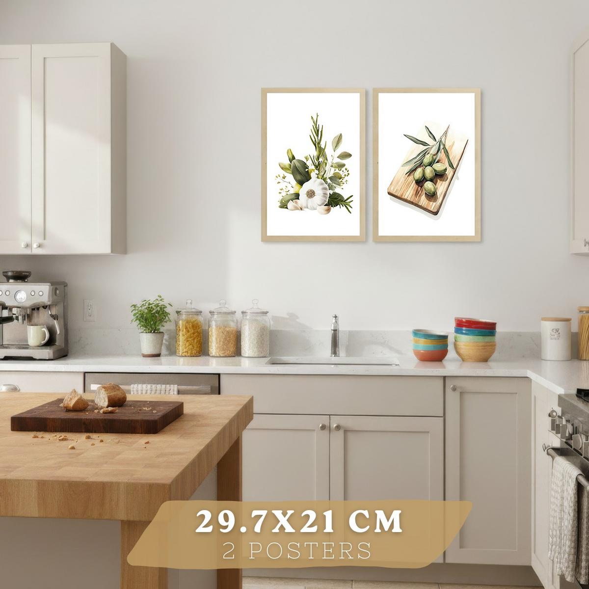 POSTER 2er Set Küchen-Wandbilder Knoblauch Kräuter und Oliven Mediterranes Aquarell Esszimmer Wanddeko Rahmenlos A4 - Beige, Papier (29.7/1/21cm) - Nacnic
