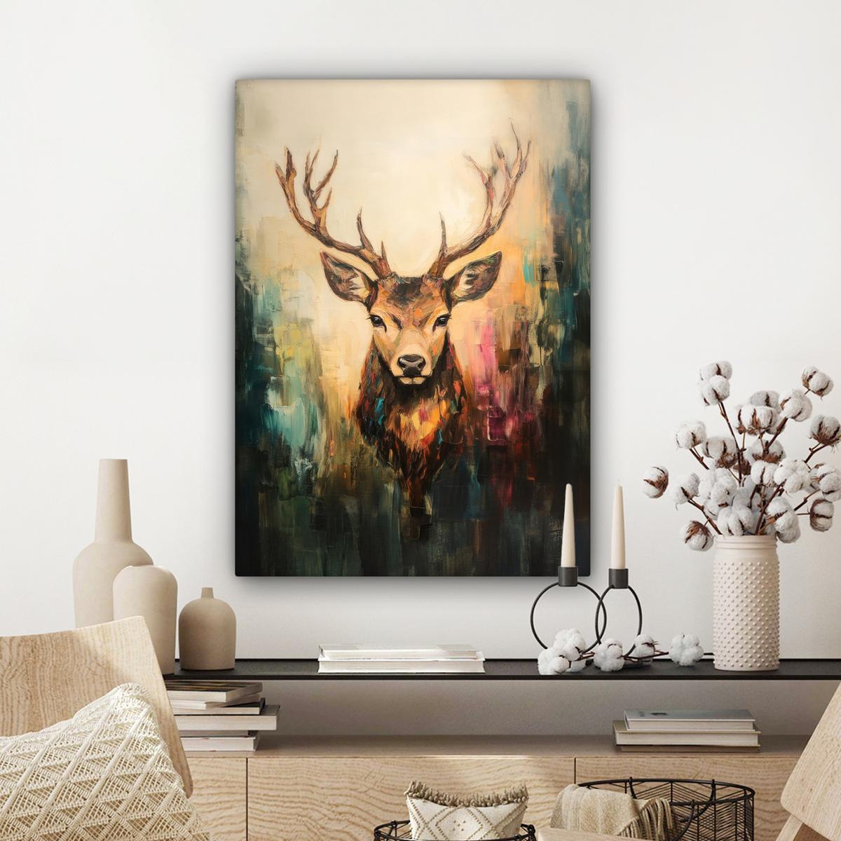 LEINWANDBILD Hirsch - Gemalt - Geweih - Braun Wandbild Wohnzimmer 60x80 cm - Haselnussfarben, Textil (60/80cm) - MuchoWow