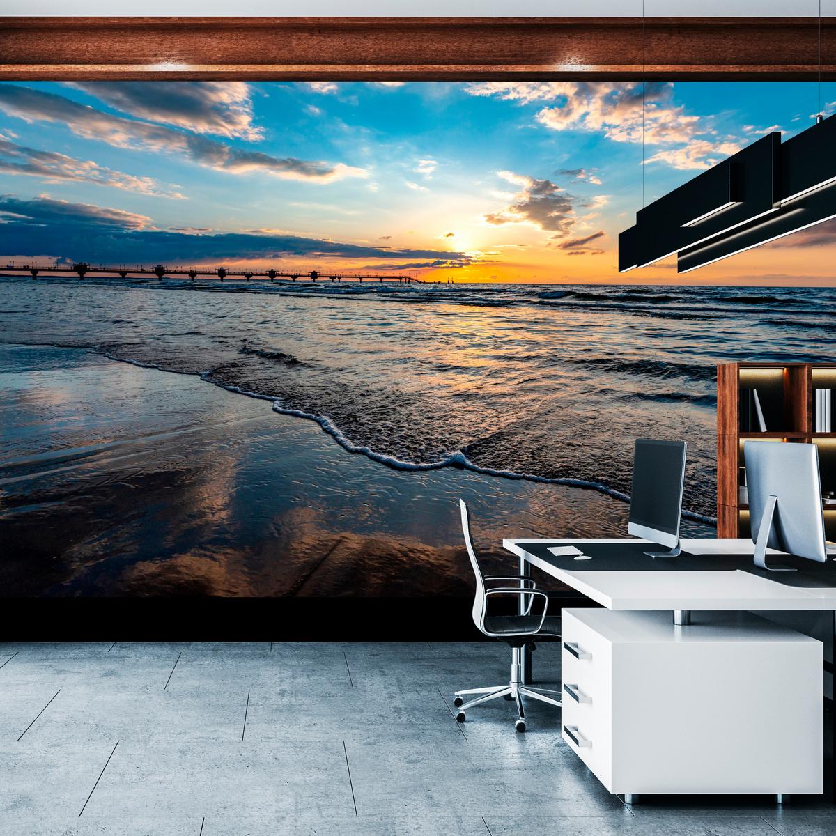 FOTOTAPETE für Wohnzimmer Sonnenuntergang Pier Romantik Meer 100x70 - Blau/Gelb, Papier (100/70cm) - Muralo