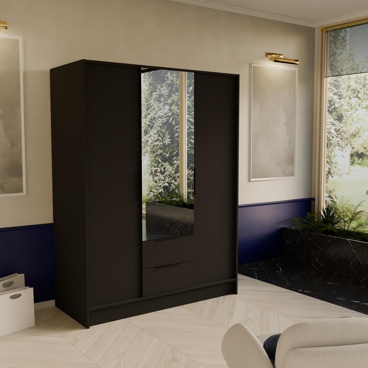 DREHTÜRENSCHRANK CAVA 150,5/200/51 cm Modern Kleiderschrank 2-türig Schwarz - Schwarz, Holzwerkstoff (150.5/200/51cm) - MASSENO