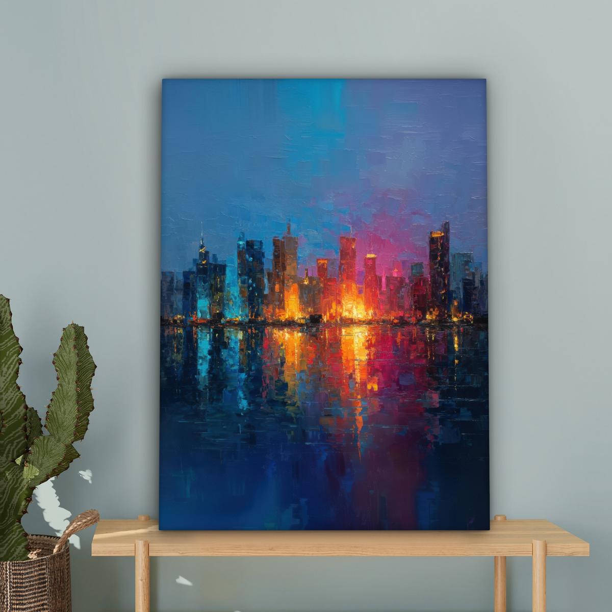 LEINWANDBILD Skyline - Pinselstriche - Dunkelblau - Leuchtend Wandbild Wohnzimmer 60x80 cm - Blau, Textil (60/80cm) - MuchoWow