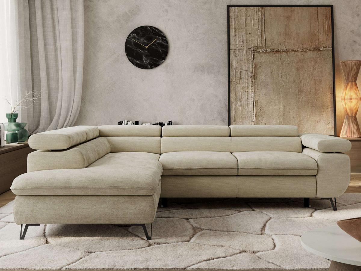ECKSOFA PABLO L Beige Schenille glatt - Links Seite mit T25 Topper - Beige/Schwarz, Textil/Metall (208/273cm) - MKS