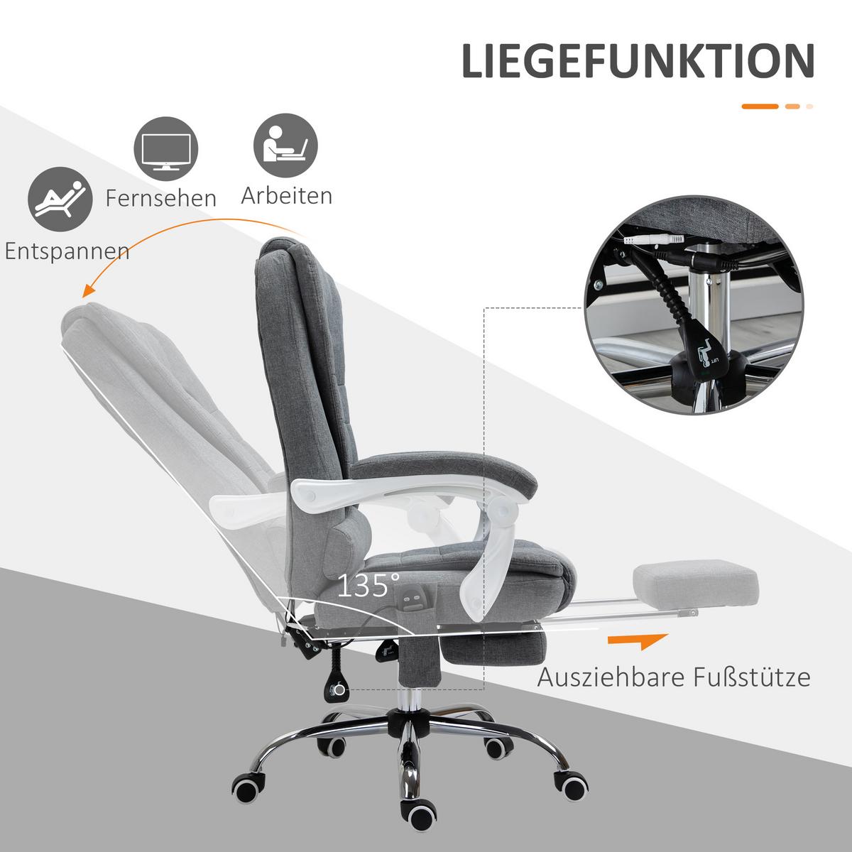 CHEFSESSEL mit Massagefunktion, Ergonomischer Schreibtischstuhl mit Liegefunktion - Silberfarben/Grau, Kunststoff/Textil (70/119/65cm) - Vinsetto