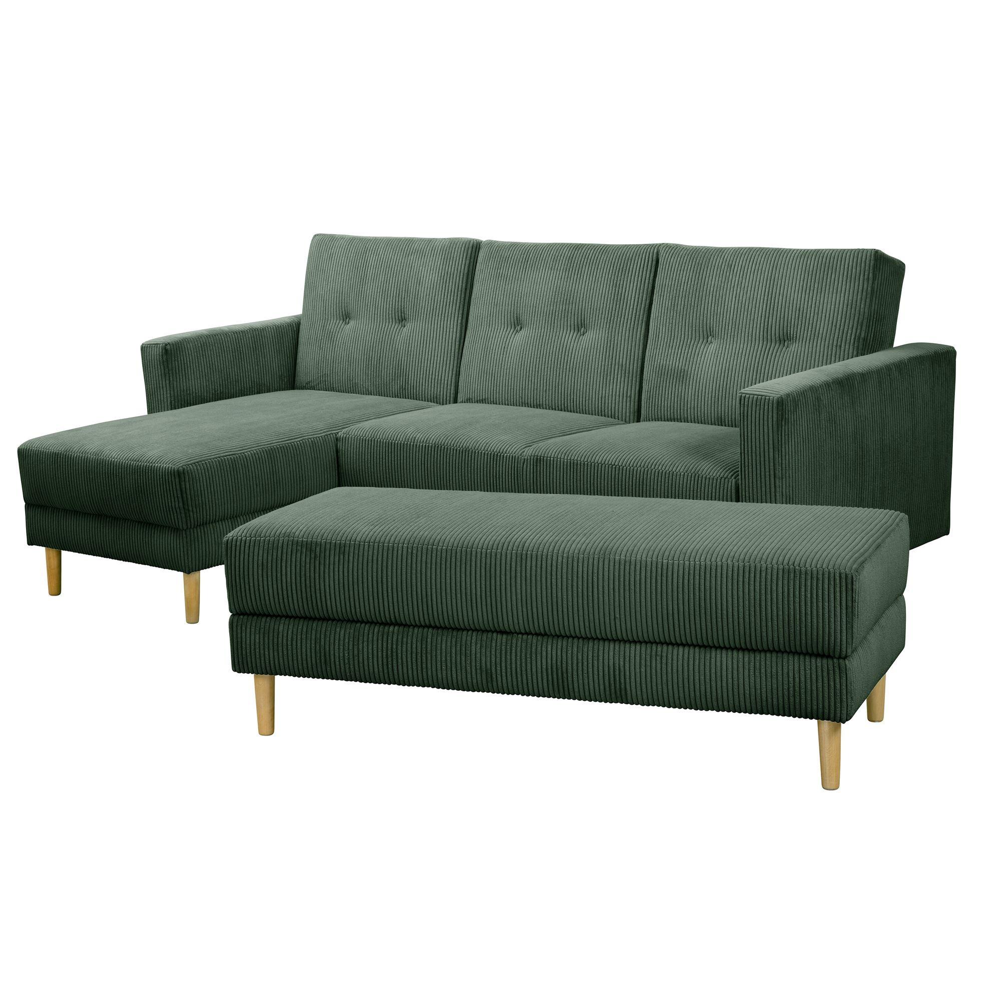 FUNKTIONSSOFA mit Hocker Kattie Cordstoff dunkelgrün - Dunkelgrün, Kunststoff (144/230cm) - 58aufmkessel