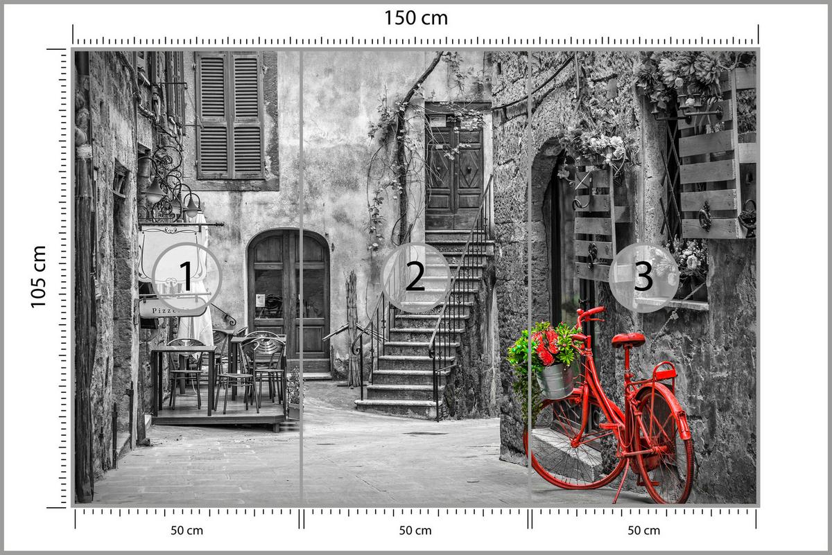 FOTOTAPETE für Wohnzimmer Italienische Gasse Rotes Fahrrad Toskana 150x105 - Rot/Schwarz, Papier (150/105cm) - Muralo
