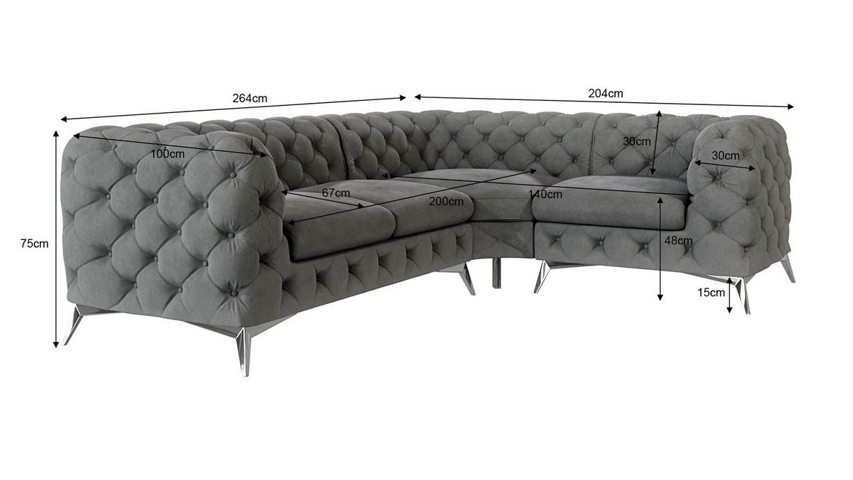 ECKSOFA Chesterfield Laura Grau Samt, Ottomane rechts - Silberfarben/Grau, Holz/Textil (264/204cm) - S-Style Möbel