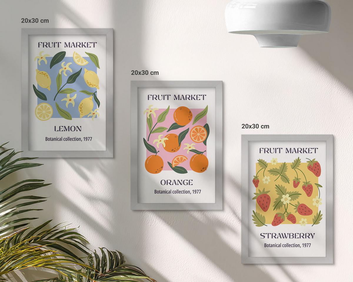 BILDER SET 3er Set - 20x30 cm Silberner Rahmen - Fruchtposter Zitronen Erdbeeren - Silberfarben, Kunststoff (20/30cm) - TULUP