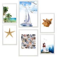 POSTER Set Mit 6 Dekoratives, Blatt Mit Marineblauer A3 & A4 Weißer Rahmen - Weiß, Papier (29/3cm) - Nacnic