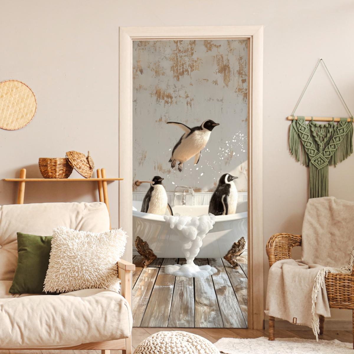 TÜRAUFKLEBER Vintage - Pinguin - Badewanne - Schaumstoff 90x215 cm - Türtapete - Hellbraun, Kunststoff (90/0.1cm) - MuchoWow