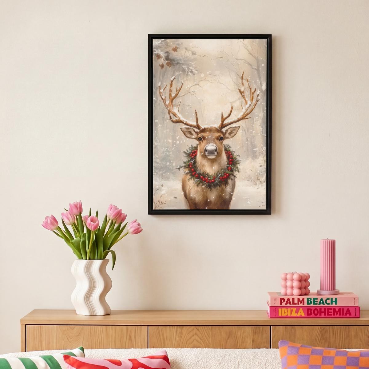 LEINWAND Bilder mit Rahmen - Weihnachten - Rentier - Winter - Kranz - 20x30 - Naturfarben, Textil (20/30cm) - MuchoWow