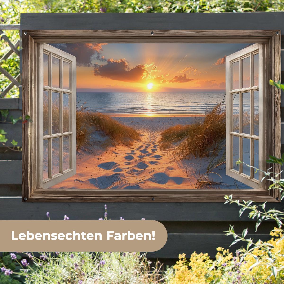 GARTENPOSTER Durchblick - Strand - Dünen - Sonnenuntergang Poster für draußen 180x120 cm - Orange, Kunststoff (180/120/0.2cm) - OnlyWow
