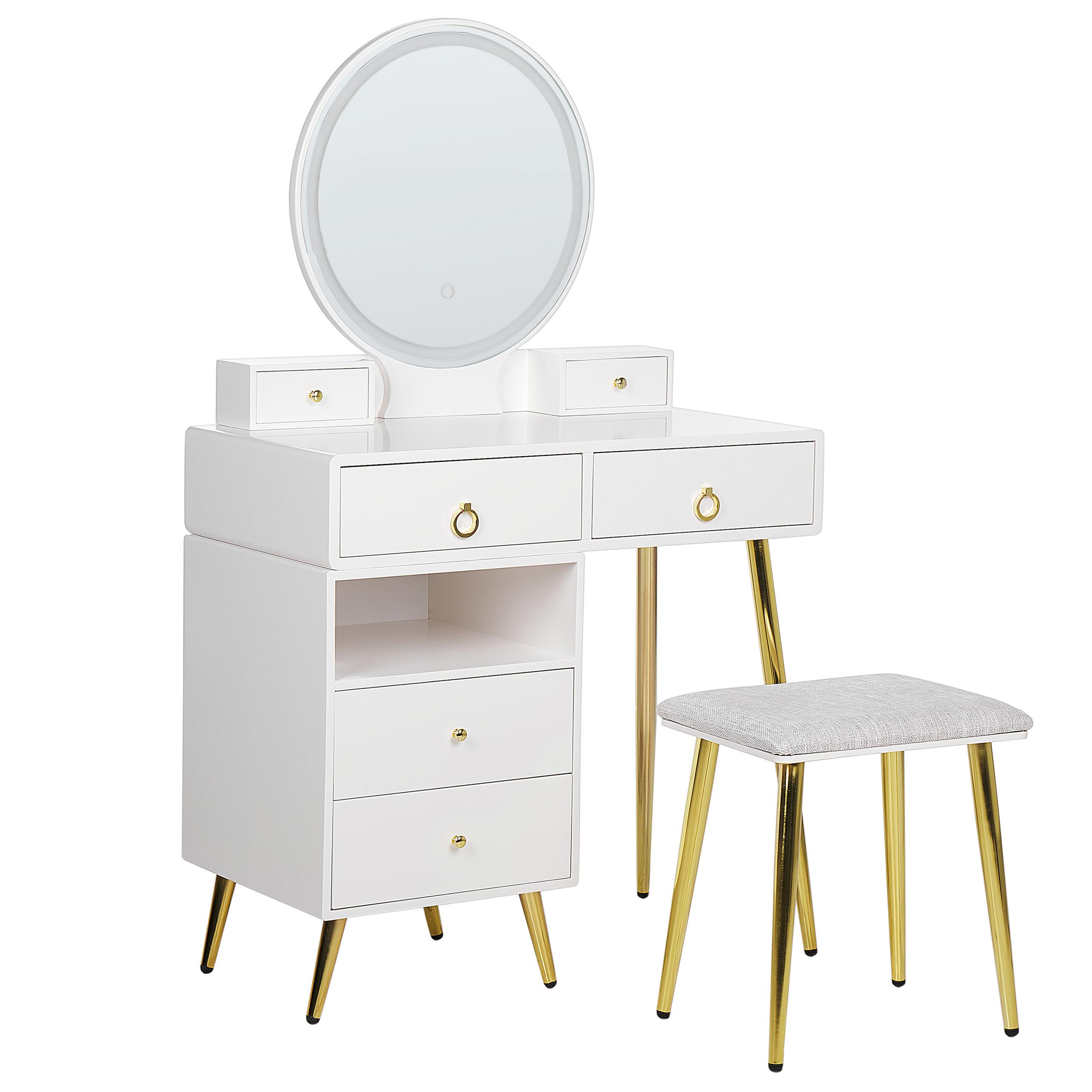 SCHMINKTISCH mit rundem LED-Spiegel Hocker 6 Schubladen weiß/gold Yves - Goldfarben/Weiß, Holzwerkstoff (98/133/38cm) - Beliani
