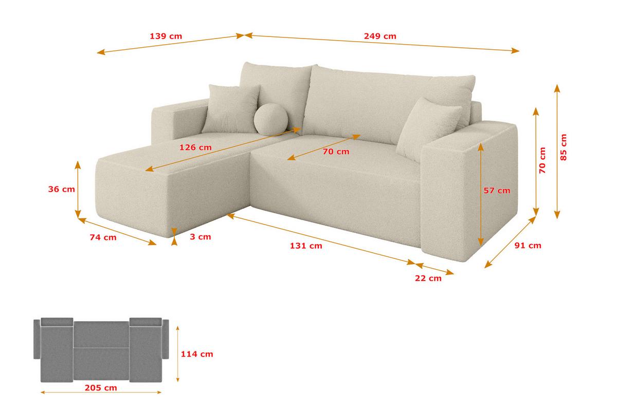 ECKSOFA mit Schlaffunktion Ottomane Links SENO-L 249x139x85 Beige Bouclé - Sandfarben/Beige, Holzwerkstoff/Kunststoff (249/139cm) - ALTDECOR