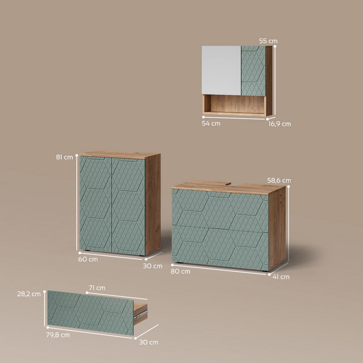 BADMÖBEL-SET Ronco Grün/Goldkraft Eiche 3 Teile, mit Unterschrank 80 cm - Honigeiche/Grün, Holzwerkstoff (80/58/41cm) - Livinity®