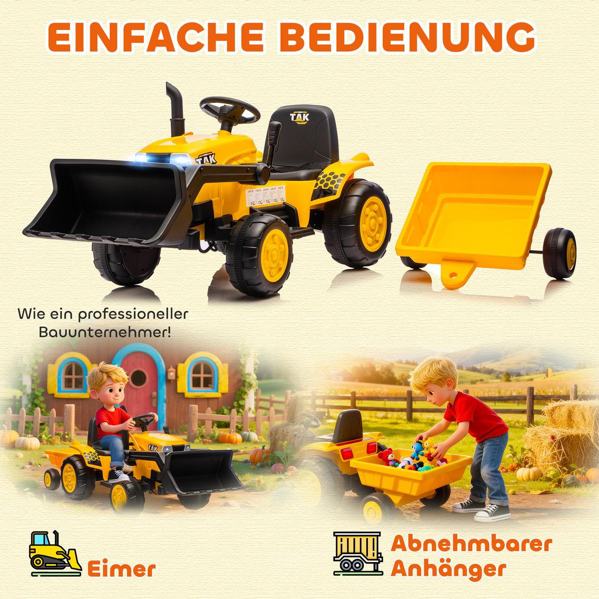 KINDER-ELEKTRO-BAGGER mit Anhänger 12V mit Fernbedienung - Gelb, Kunststoff (158/58/58.5cm) - AIYAPLAY