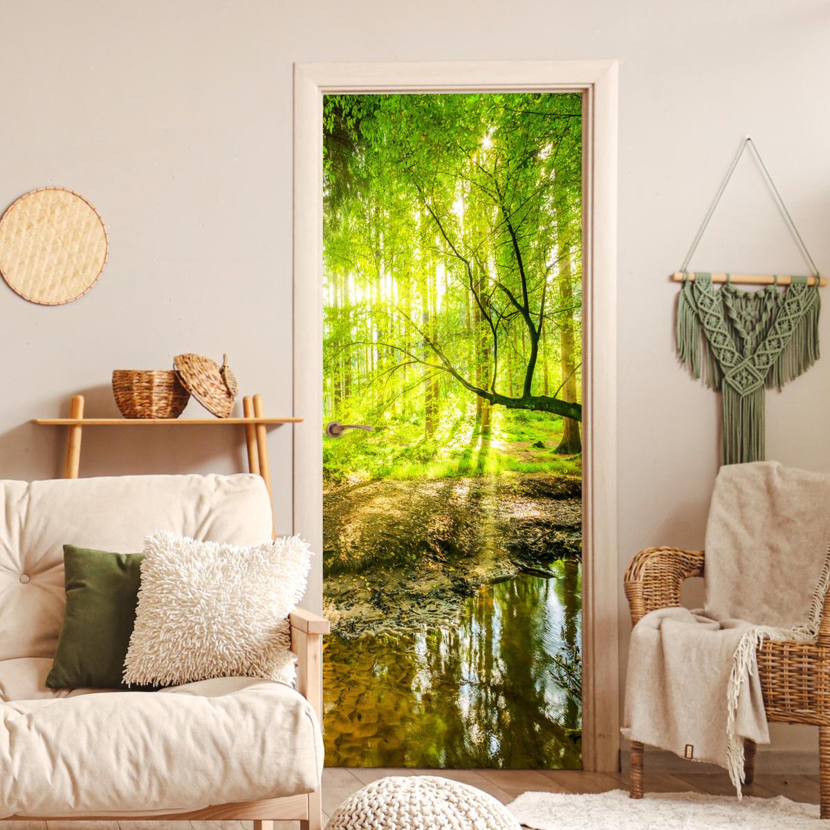 TÜRAUFKLEBER Wald - Landschaft - Wasser - Bäume - Sonne - Grün - Natur 85x215 cm - Türtapete - Hellgrün, Kunststoff (85/0.1cm) - MuchoWow