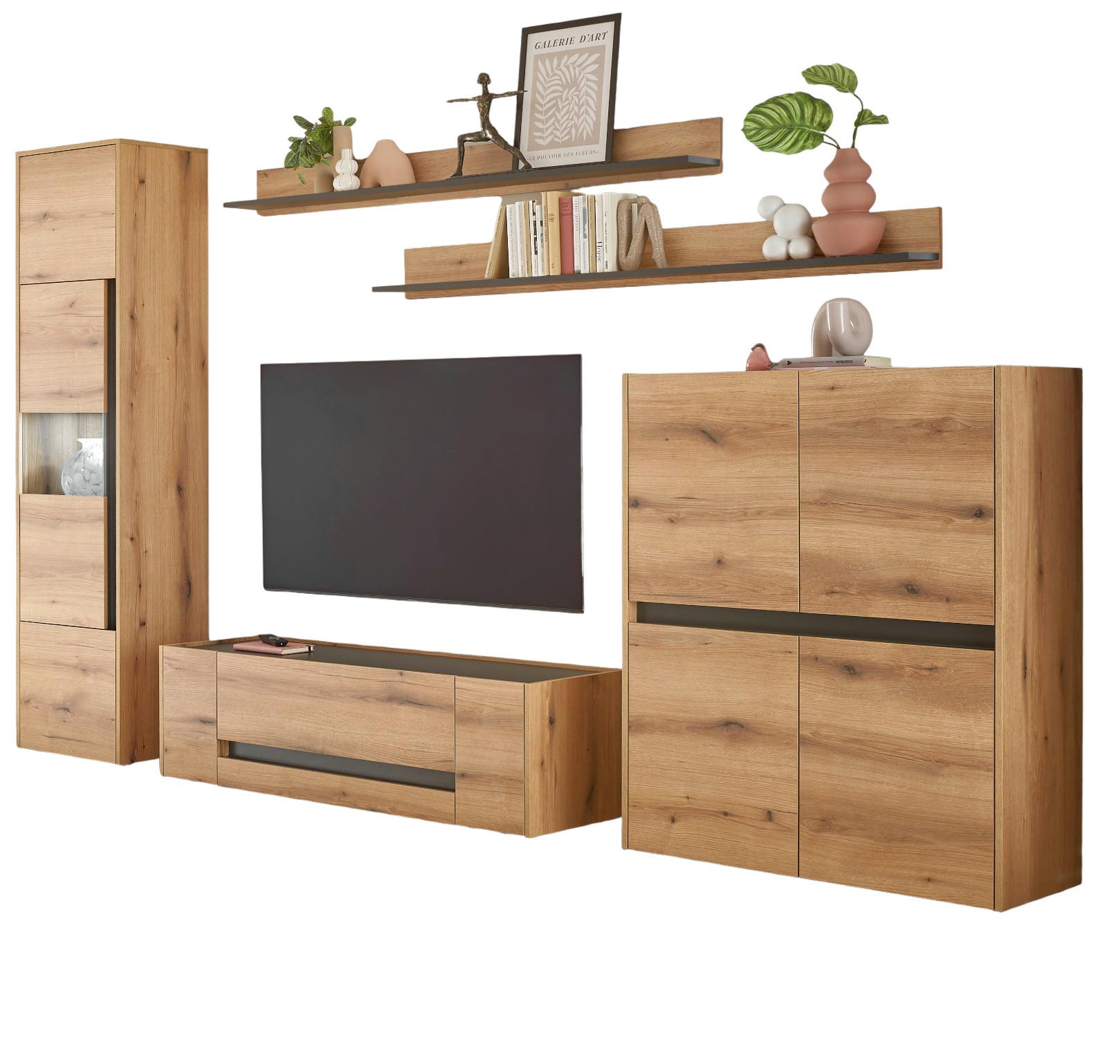 WOHNWAND Evoke Eiche, grau, Schrankwand Set 5-teilig Breite 350 cm - Eichefarben/Grau, Glas/Holz (350/197/45cm) - Furn.Design