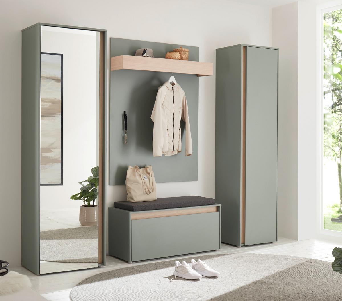GARDEROBE Komplett-Set 5-teilig in Salbei Grün mit Eiche, Flurgarderobe 230 x 200 cm, inkl. Sitzkissen - Salbeigrün/Eichefarben, Glas/Holz (230/200/40cm) - Furn.Design