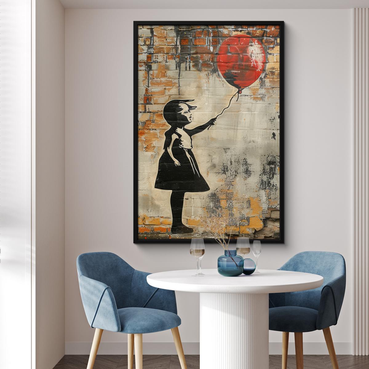 POSTER MIT RAHMEN Graffiti - Banksy - Mädchen - Straßenkunst Bilderleiste 80x120 cm - Sandfarben, Papier (80/120cm) - MuchoWow