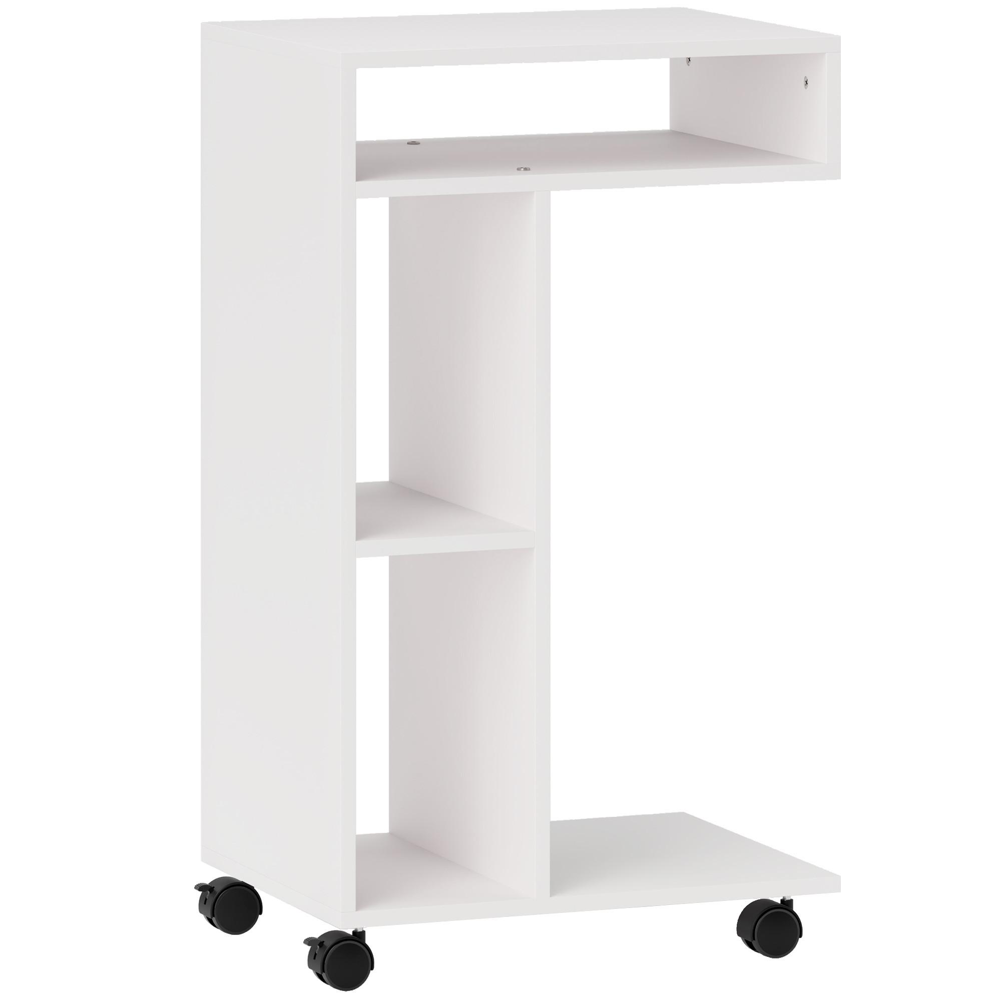 BEISTELLTISCH Couchtisch mit Rollen, Schreibtisch mit 4 Regalen, Sofatisch Weiß - Weiß, Holzwerkstoff (40/30/69cm) - HOMCOM