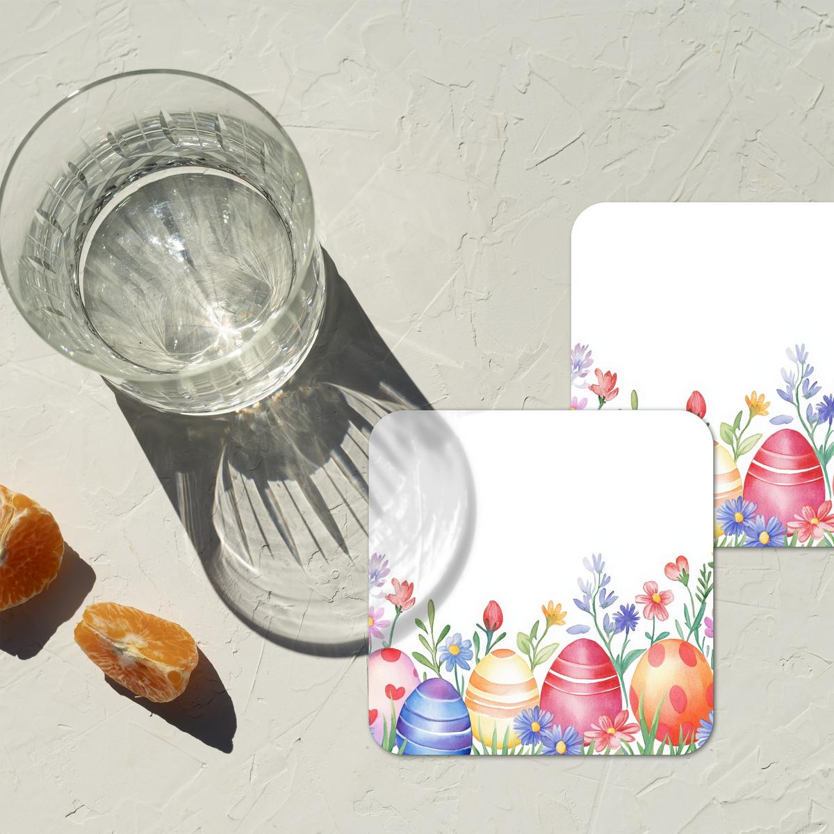 GLASUNTERSETZER 6er-Set Blumengarten - Bunt - Eier Tischset für Gläser 10x10 cm - Weiß, Naturmaterialien (10/0.2cm) - MuchoWow