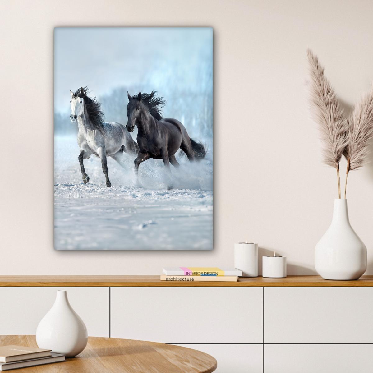 LEINWANDBILD Pferde - Winter - Tiere - Natur - Schnee Wandbild Wohnzimmer 60x80 cm - Anthrazit, Textil (60/80cm) - MuchoWow
