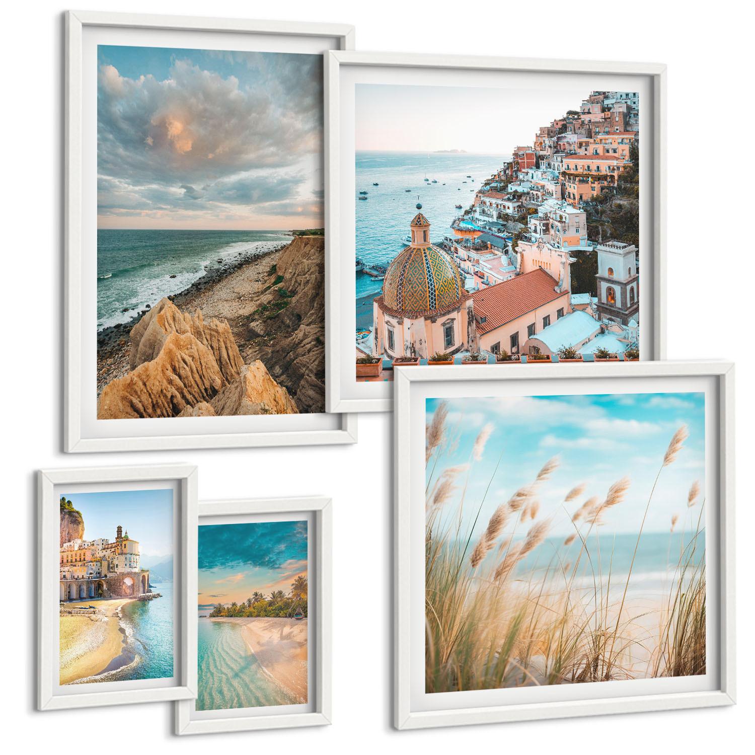 BILDER SET 5er Set - 50x50 cm & 20x30 cm & 40x60 cm Weißer Rahmen - Landschaften Strand Stadt Klippen - Weiß, Kunststoff (40/60cm) - TULUP