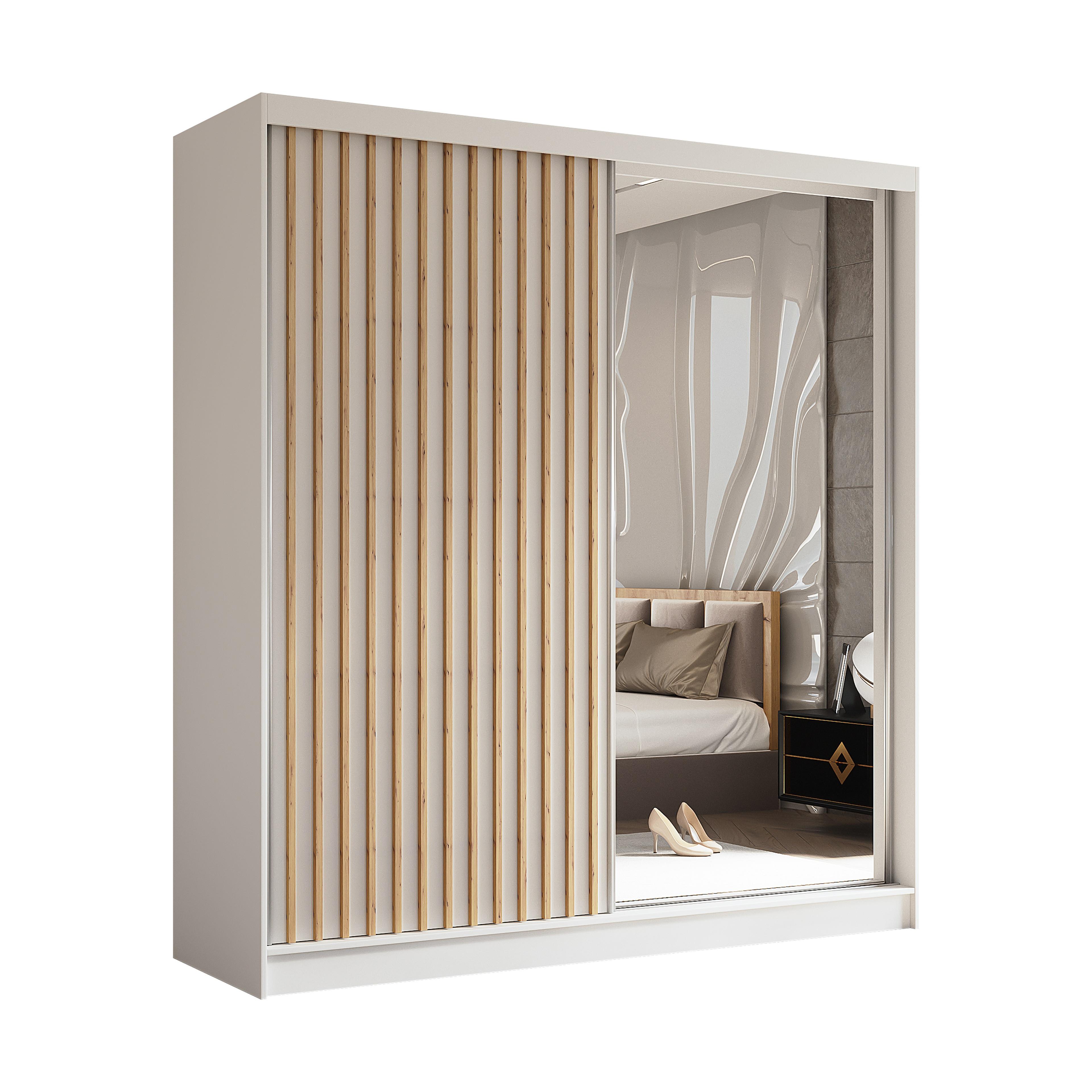 SCHWEBETÜRENSCHRANK LAMELLO 200/216/61 cm 2-türig mit Spiegel Weiß - Weiß, Holzwerkstoff (200/216/61cm) - MASSENO