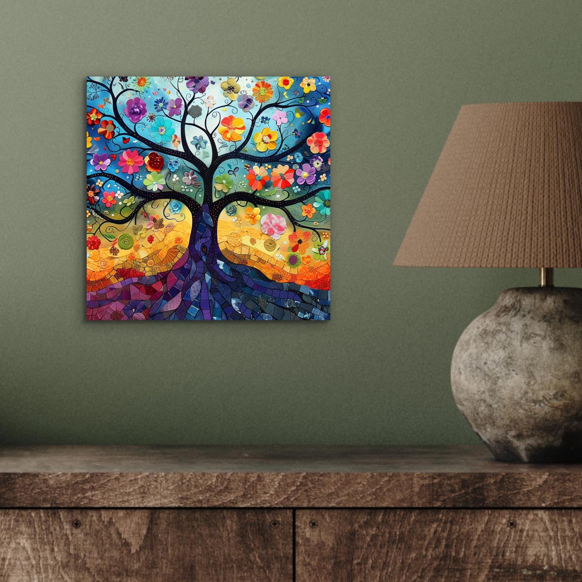 METALLBILD Kunst - Baum des Lebens - Blumen - Hippie 20x20 cm - Dunkelblau, Metall (20/20cm) - MuchoWow