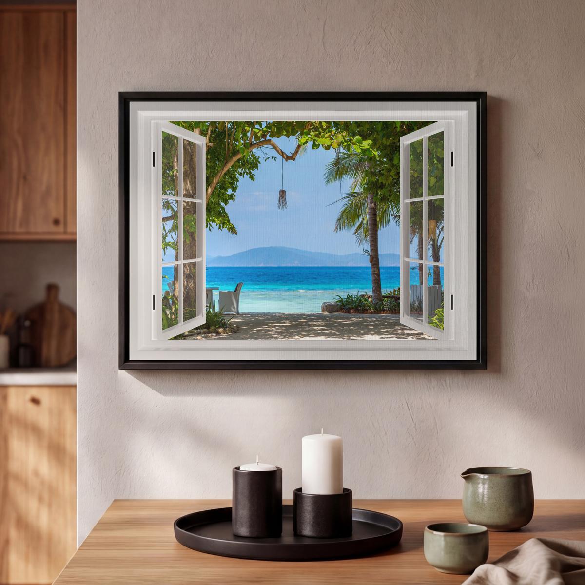 LEINWAND Bilder mit Rahmen - Aussicht - Baum - Meer - Palme - Hügel - Strand - Blau - 40x30 - Blau, Textil (40/30cm) - MuchoWow