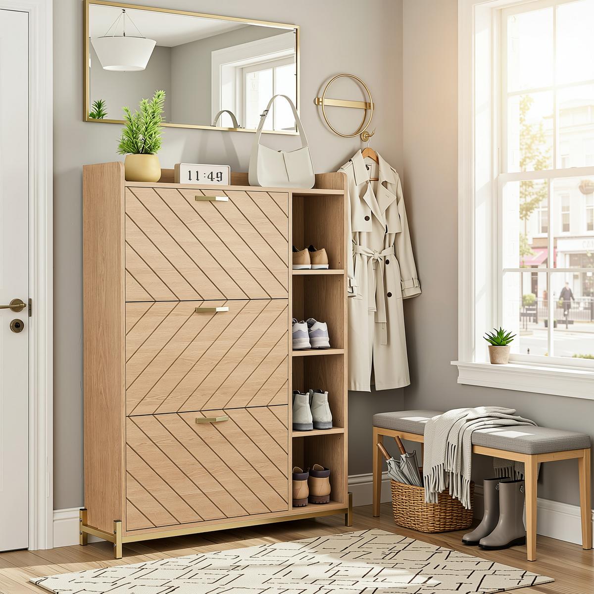 SCHUHSCHRANK eichen-optik mit 3 klappfächern & seitenregal - Naturfarben, Holzwerkstoff (90/119/24cm) - Urban Meuble