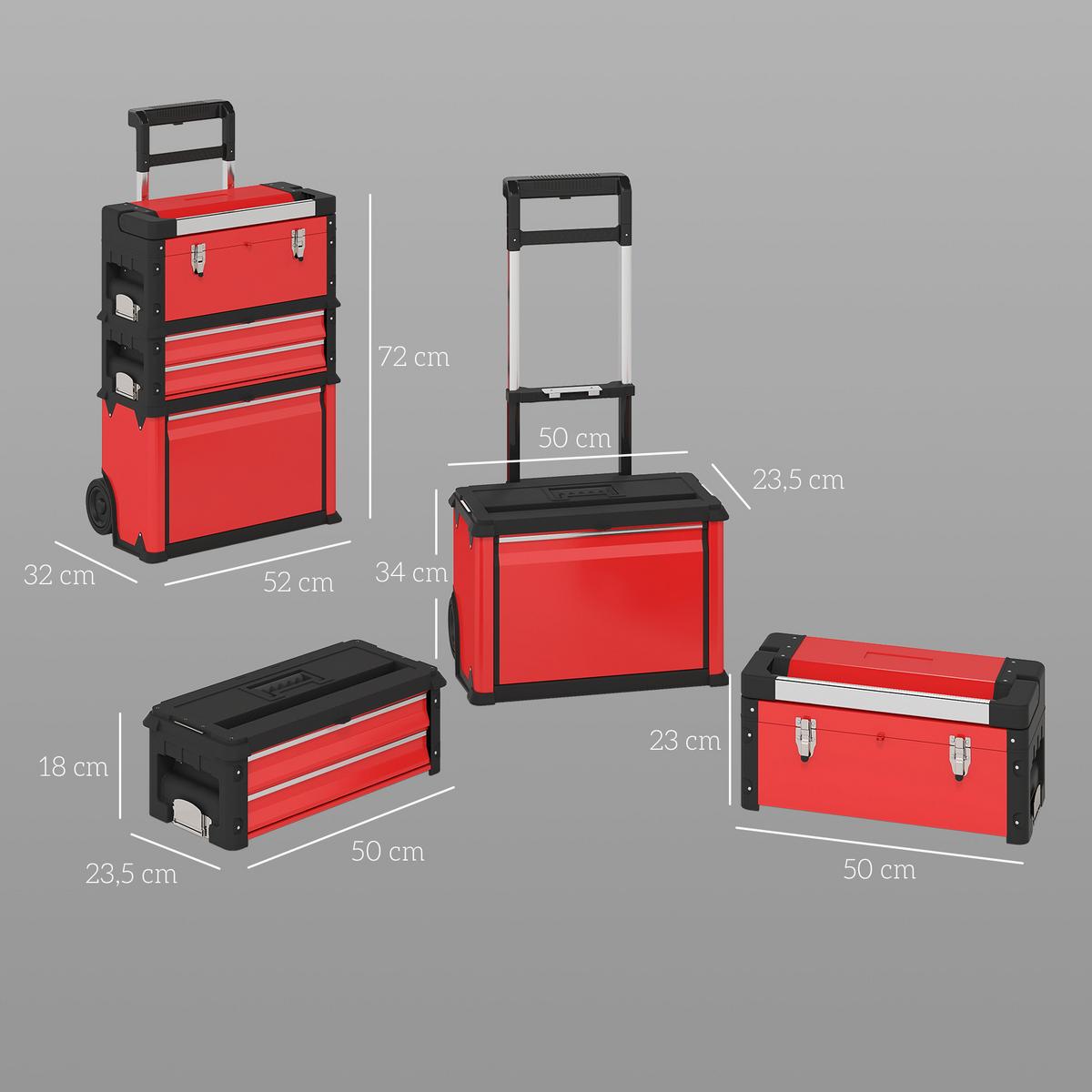 WERKSTATTWAGEN inkl. Koffer Werkzeugwagen leer mit 3 modularen Einheiten - Rot, Metall (32/72/52cm) - HOMCOM
