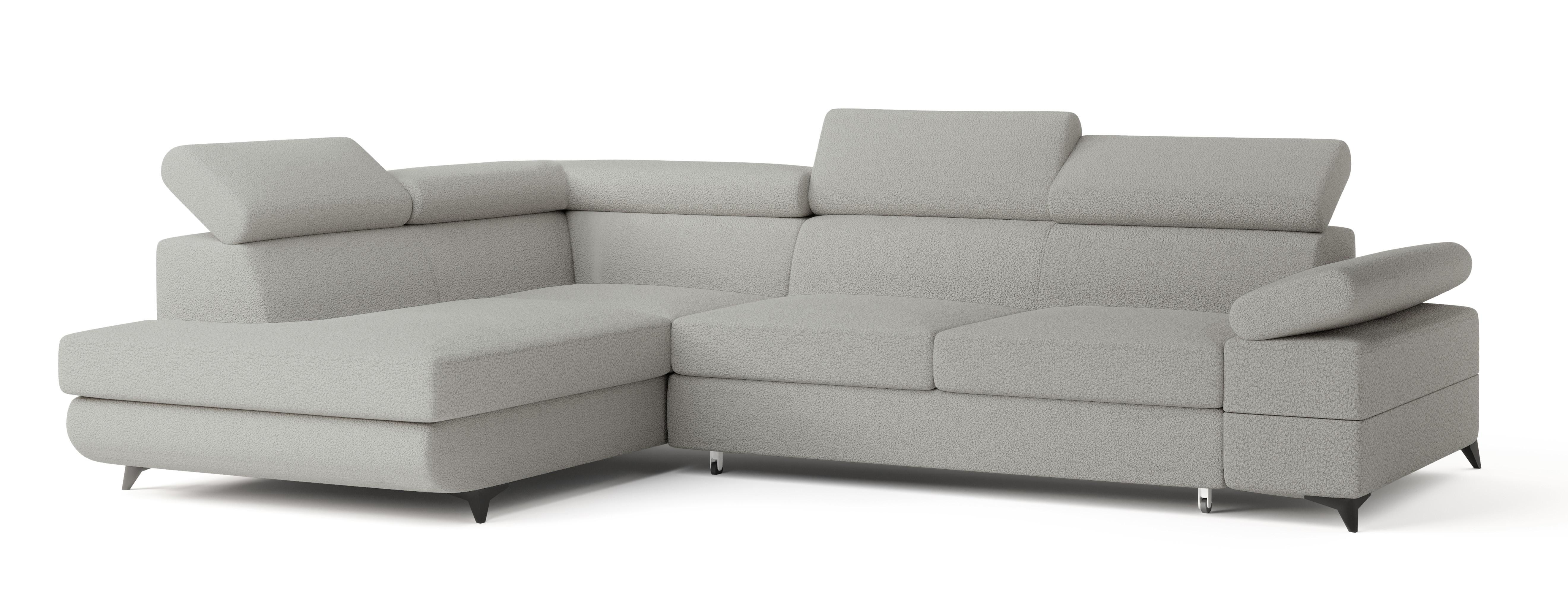 ECKSOFA FAVIEN L-S Hellgrau Boucle-Stoff mit Schlaffunktion - Hellgrau, Holz (257/190cm) - MASSENO