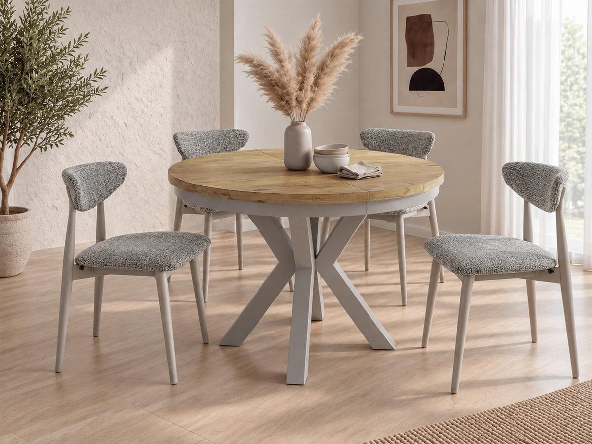 ESSTISCH Clara grau-beige runder ausziehbarer, Lancelot Eiche 120-200/120/76 cm - Eichefarben/Grau, Holzwerkstoff/Metall (120/196/76cm) - WFL GROUP