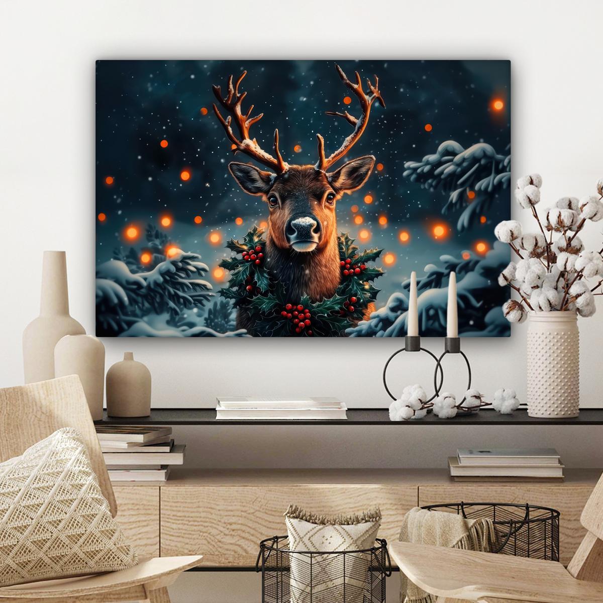LEINWANDBILD Hirsch - Weihnachten - Winter - Schnee - Weihnachtskranz Wanddeko 90x60 cm - Dunkelbraun, Textil (90/60cm) - MuchoWow