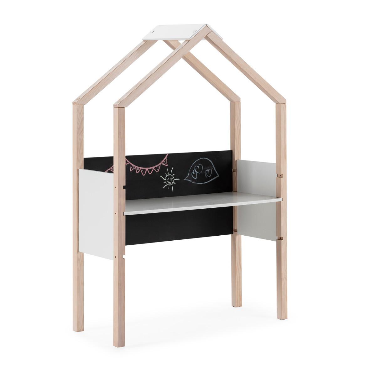 BÜRO mit Schiefertafel in Hausform, dekoriert in weißem Hochglanz und hellem Holz, L100 cm 40/100/155 cm - Weiß, Holzwerkstoff (40/155/100cm) - Calicosy