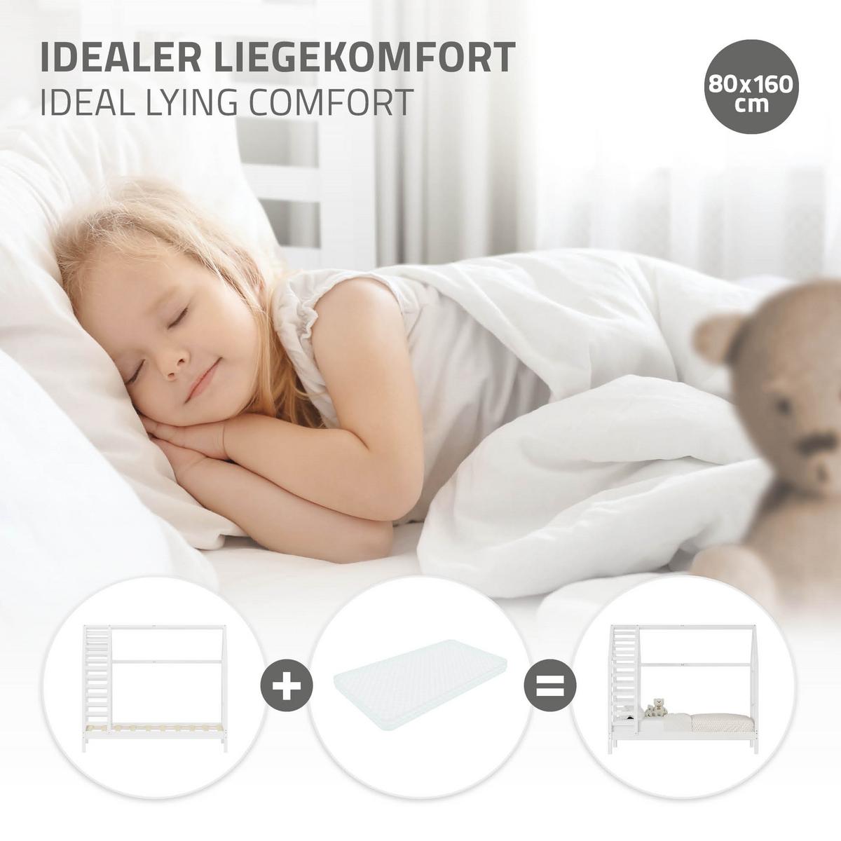 KINDERBETT 80x160 cm mit Lattenrost Dach und Fenster Hausbett aus massivem Kiefernholz Weiß - Weiß, Holz (80/160cm) - ML-DESIGN