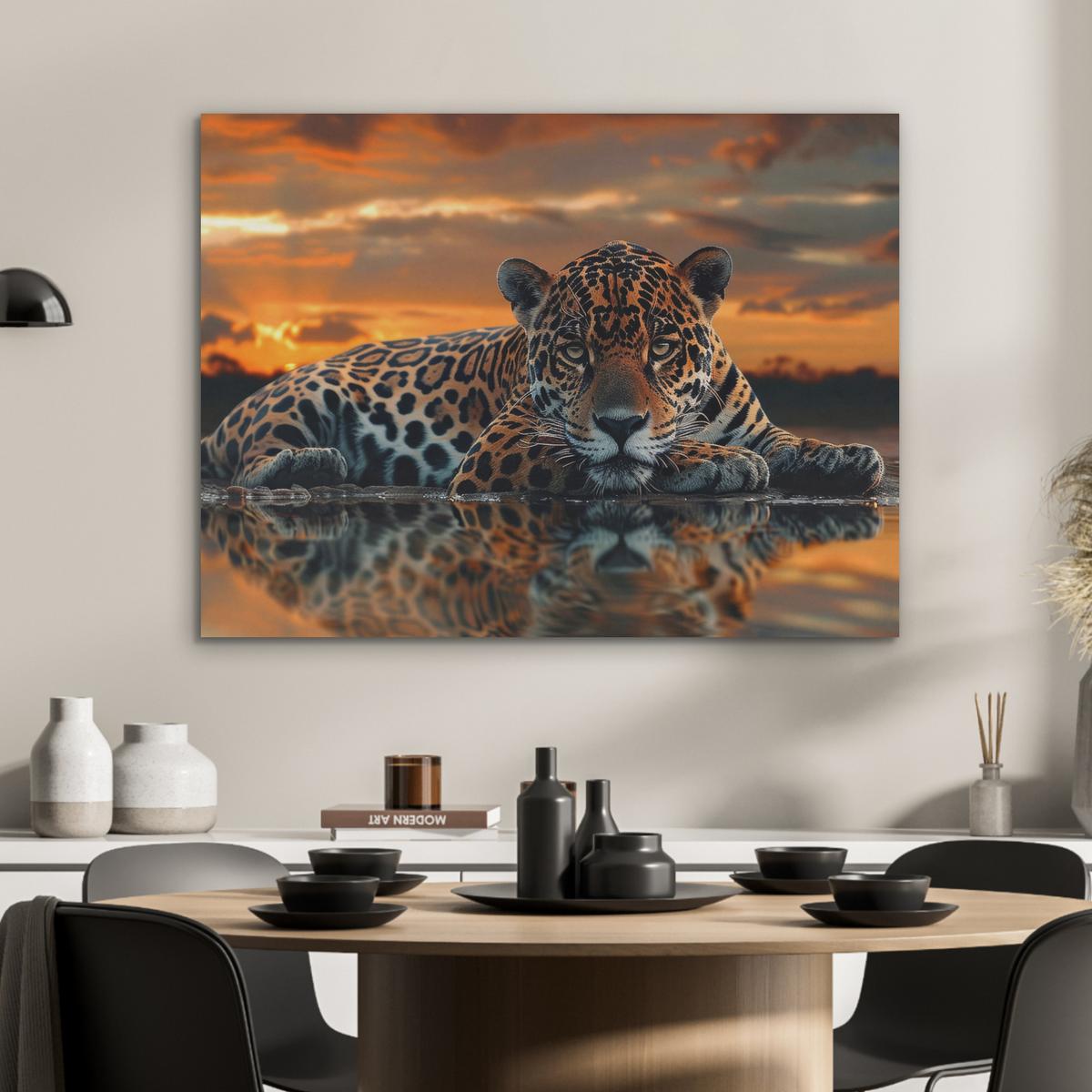 AKUSTIKBILD Natur - Leopard - Tier - Sonnenuntergang - Modern Gemälde 80x60 cm - Orange, Kunststoff (80/60/0.9cm) - MuchoWow