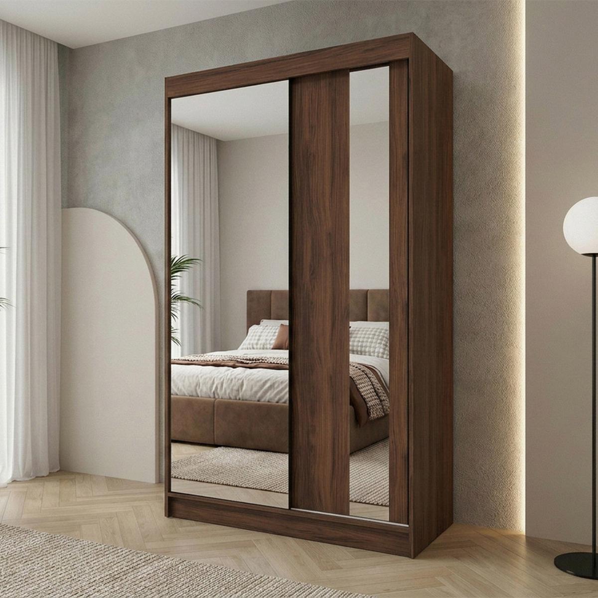 SCHWEBETÜRENSCHRANK Gaja II mit Schubladen und Spiegel 120/216/61 Walnuss - Walnussfarben, Holzwerkstoff (120/216/61cm) - Beautysofa