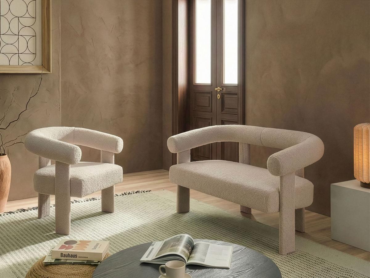 SOFA-SET Bouclé Hellbeige Ilbro - Hellbraun/Beige, Textil (138/76/68cm) - Beliani