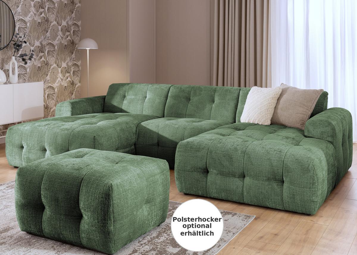 WOHNLANDSCHAFT in U-Form mit raffinierten Steppungen, 6-Sitzer, Wellenunterfederung, B323/T161/H79 cm, Chenille-Bezug in Grün / 21049 - Schwarz/Grün, Kunststoff/Textil (323/79/161cm) - luma-home