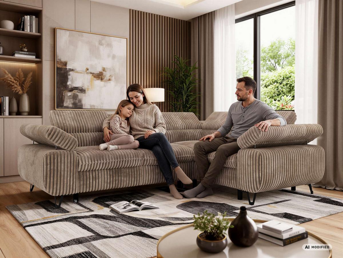 ECKSOFA FALCO L - Hellbraun Cord - Rechts Seite - Hellbraun/Schwarz, Textil/Metall (268/197cm) - MKS