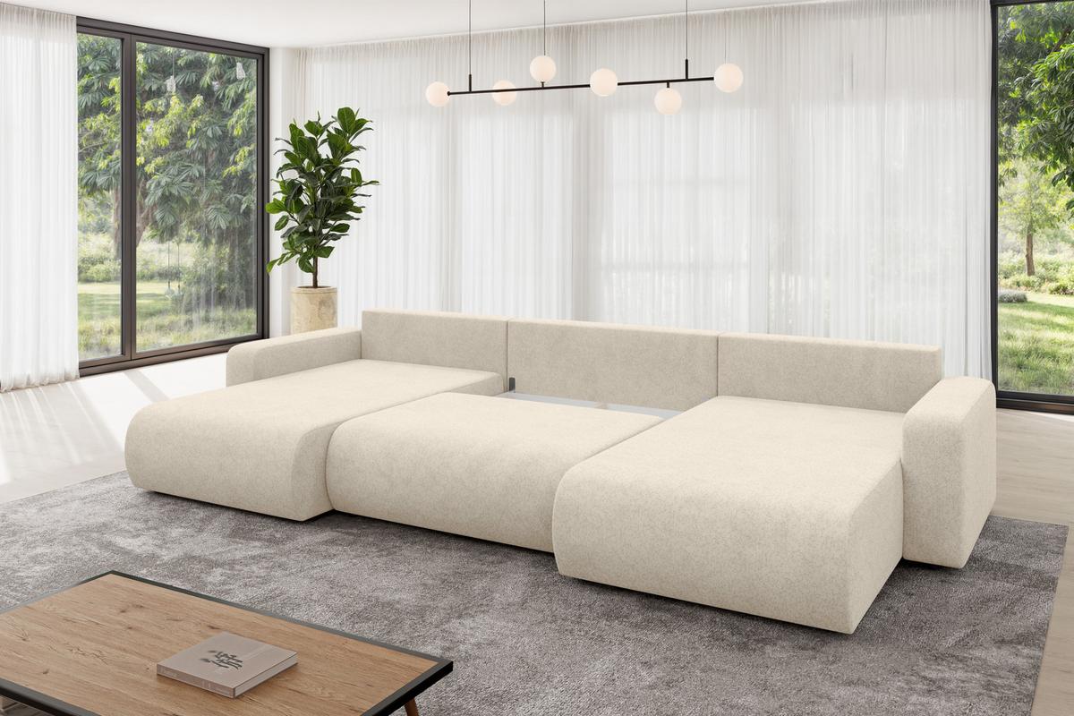 WOHNLANDSCHAFT mit Schlaffunktion und Bettkasten BERY-U 377x193x88 Creme Velours - Creme/Schwarz, Holzwerkstoff/Kunststoff (377/88/193cm) - ALTDECOR