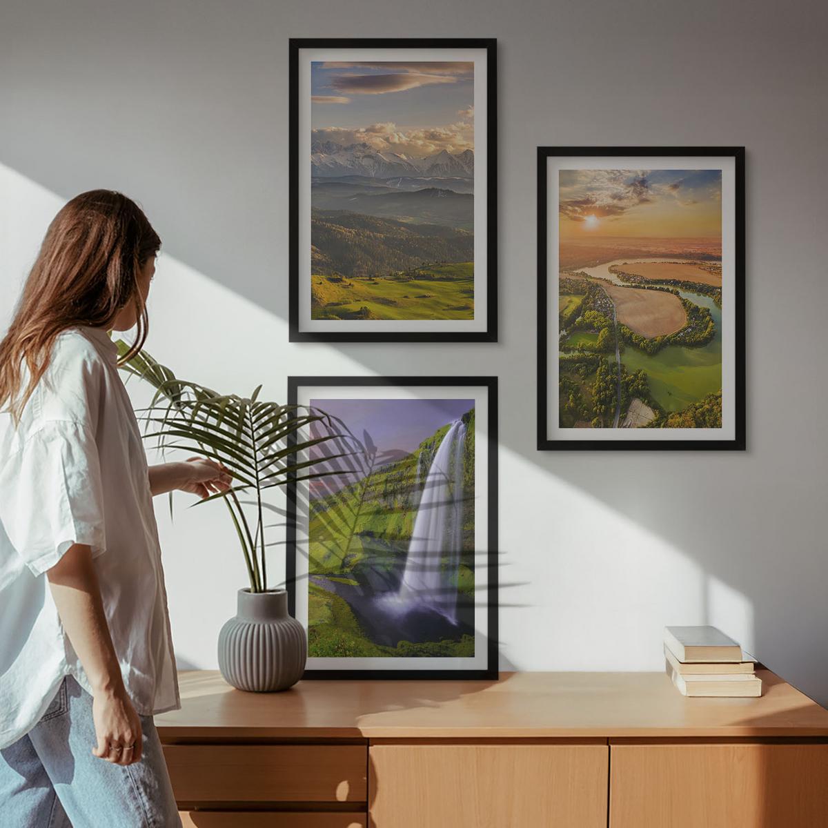 BILDER SET 3er Set - 40x60 cm Schwarzer Rahmen - Gebirgsflüsse, Wasserfälle, Natur - Schwarz, Kunststoff (40/60cm) - TULUP