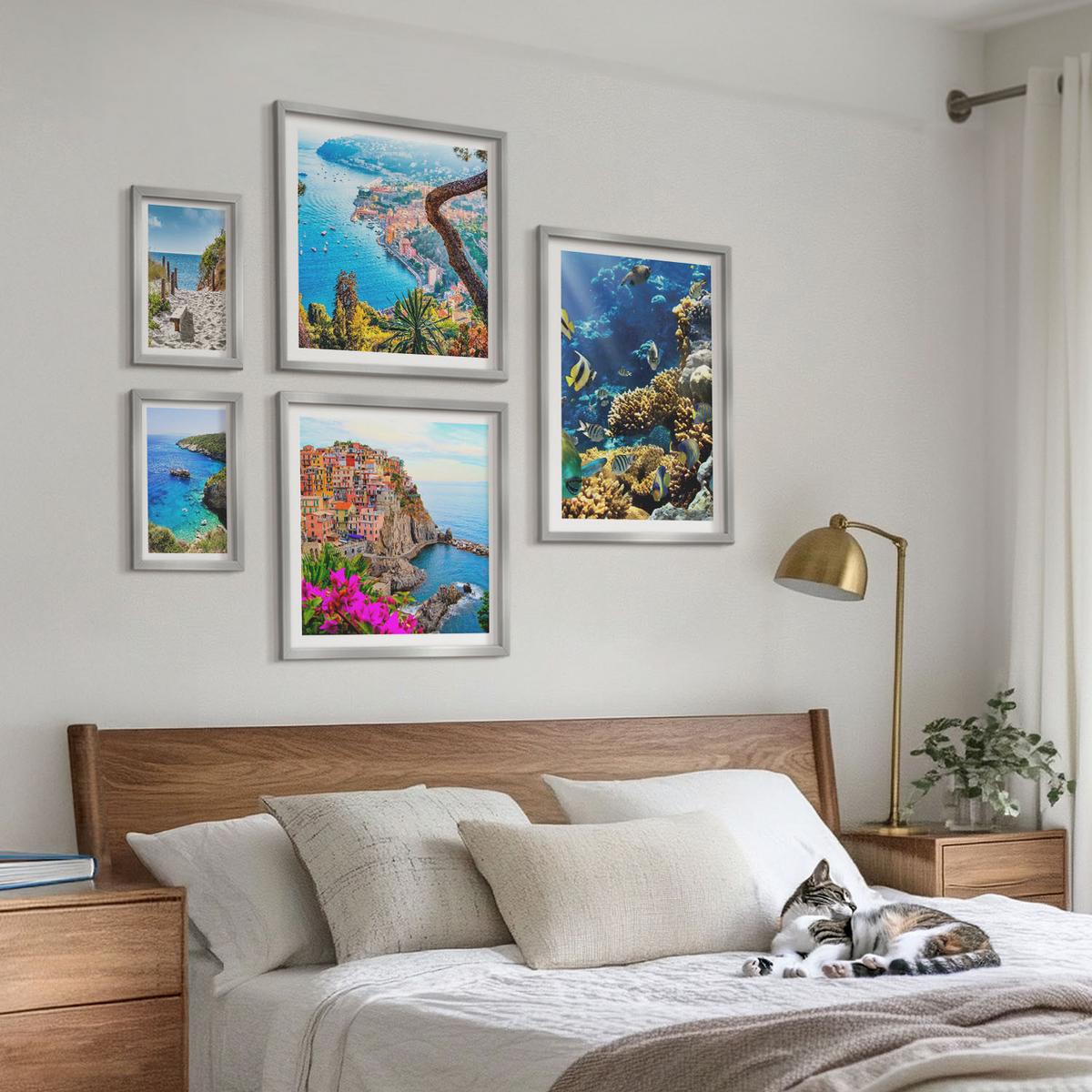 BILDER SET 5er Set - 50x50 cm & 20x30 cm & 40x60 cm Silberner Rahmen - Berglandschaften im Hintergrund - Silberfarben, Kunststoff (40/60cm) - TULUP