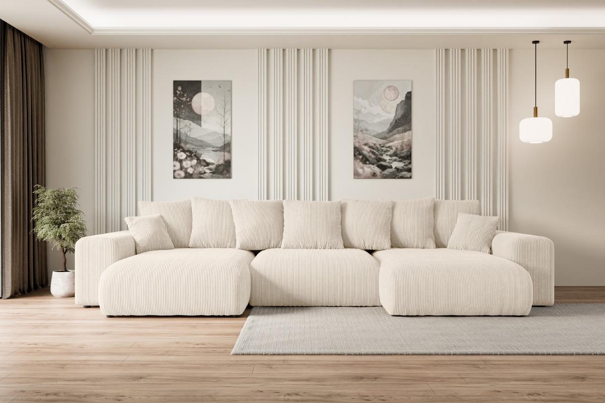 WOHNLANDSCHAFT mit Schlaffunktion ESKAR-U -364x176x72cm Beige Cord - Beige/Schwarz, Holzwerkstoff/Kunststoff (364/72/176cm) - ALTDECOR
