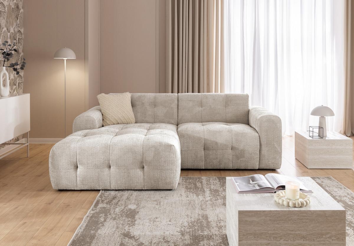 ECKSOFA mit Ottomane links, raffinierten Steppungen, Wellenunterfederung, B234/T161/H79 cm, Chenille-Bezug in Sandgrau / 21038 - Sandfarben/Greige, Kunststoff/Textil (234/79/161cm) - luma-home